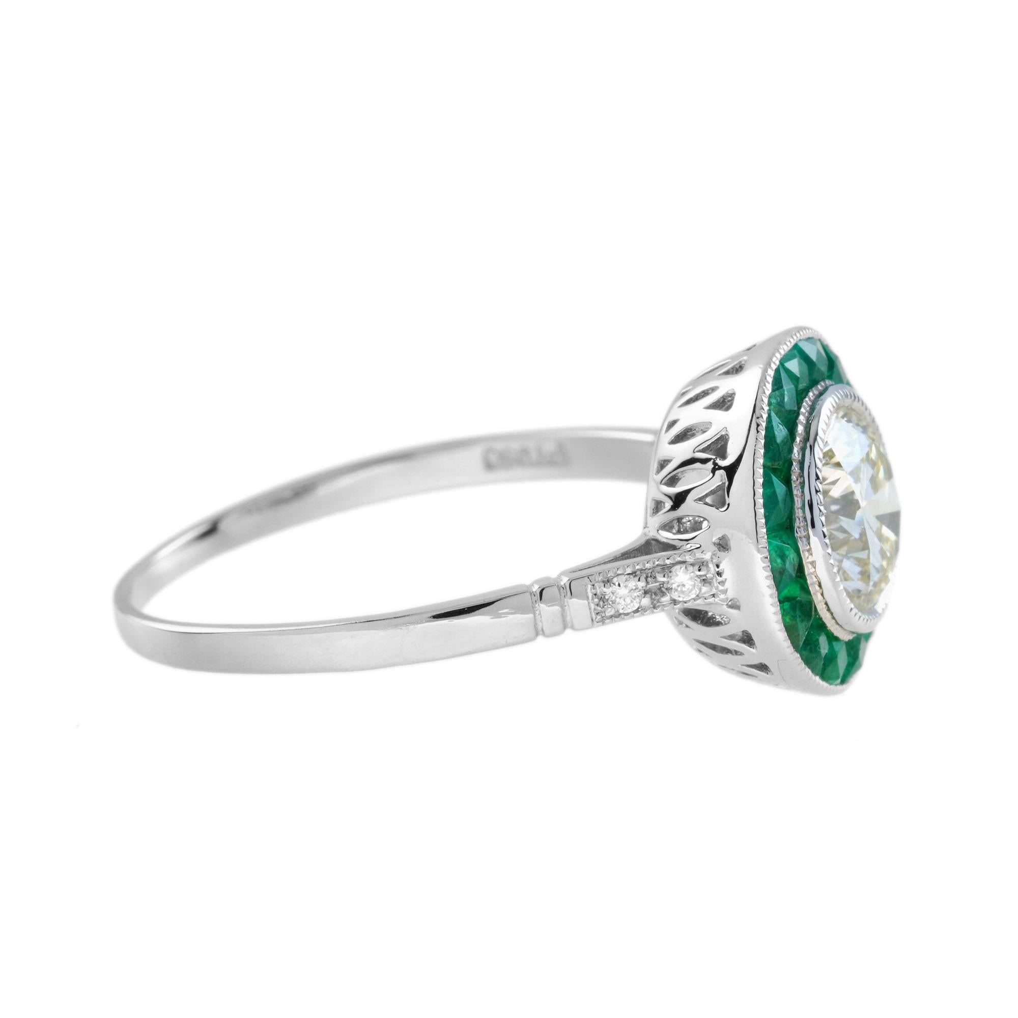 Zertifizierter Diamant & Grüner Smaragd Fancy Art Deco Stil Halo Set Platin Ring (Art déco) im Angebot