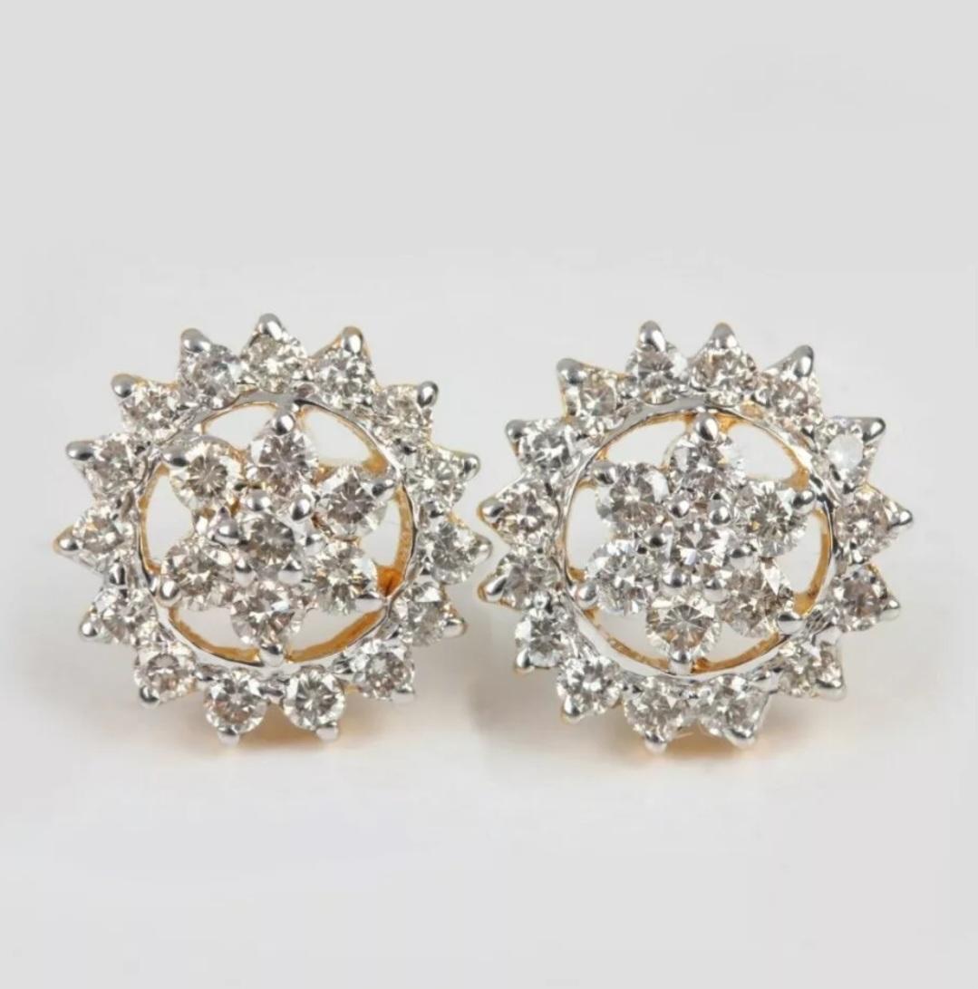Art Deco Certified Diamond Stud Earrings Floral 14K Solid Gold Handmade Fine Earring Gift For Sale