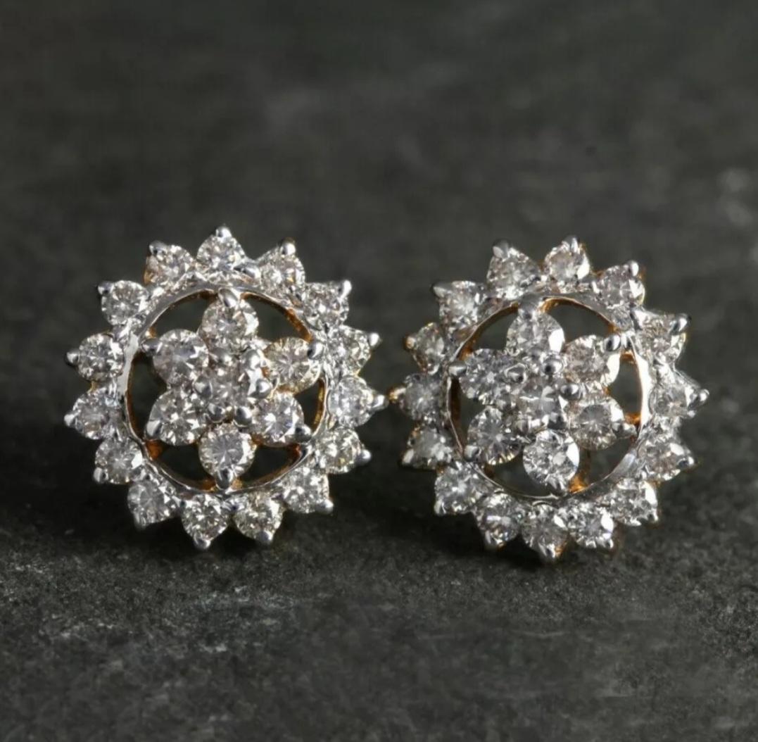 Round Cut Certified Diamond Stud Earrings Floral 14K Solid Gold Handmade Fine Earring Gift For Sale