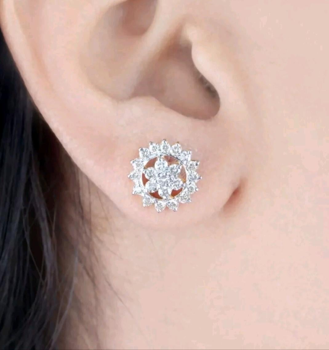 Women's or Men's Certified Diamond Stud Earrings Floral 14K Solid Gold Handmade Fine Earring Gift For Sale