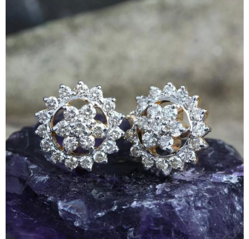 Pendientes de Diamantes Certificados Florales de Oro Macizo de 14K Hechos a Mano Corte redondo en venta