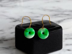 Certified Donut French Hook Drop Dangle Burmese A-Jade Earrings 18K Yellow Gold