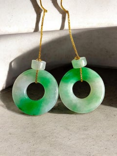 Certified Donut French Hook Drop Dangle Burmese A-Jade Earrings 18K Yellow Gold
