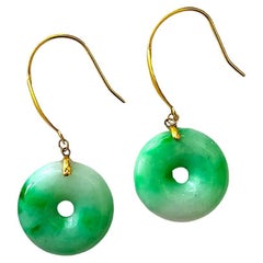 Certified Donut French Hook Drop Dangle Burmese A-Jade Earrings 18K Yellow Gold
