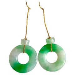 Certified Donut French Hook Drop Dangle Burmese A-Jade Earrings 18K Yellow Gold