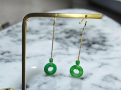 Certified Donut Imperial Drop Dangle Burmese A-Jade Earrings 18K Yellow Gold