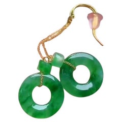 Certified Donut Imperial Drop Dangle Burmese A-Jade Earrings 18K Yellow Gold