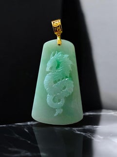 Certified Dragon Carving Burmese Green A-Jade Jadeite Pendant w/ 18K Yellow Gold