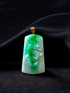 Certified Dragon Carving Burmese Green A-Jade Jadeite Pendant w/ 18K Yellow Gold