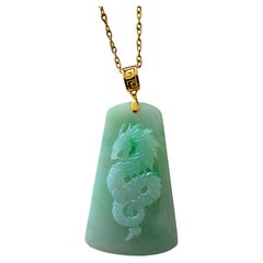 Certified Dragon Carving Burmese Green A-Jade Jadeite Pendant w/ 18K Yellow Gold
