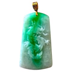 Certified Dragon Carving Burmese Green A-Jade Jadeite Pendant w/ 18K Yellow Gold