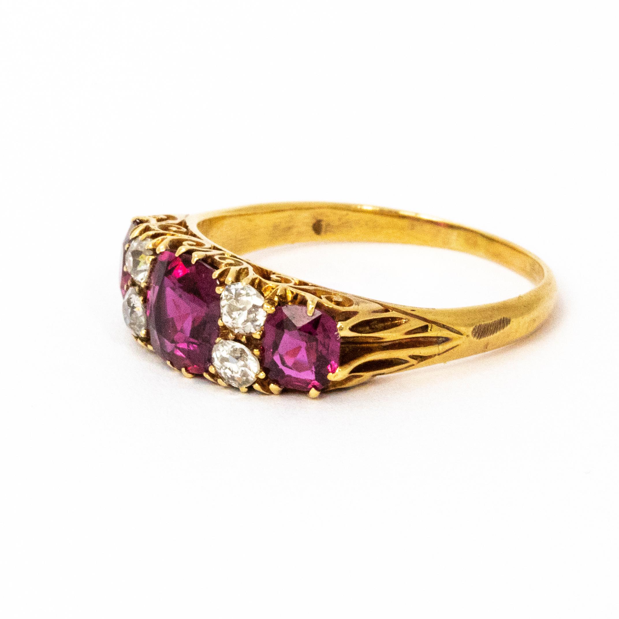 Certified dazzling natural ruby and diamond ring beautifully set in 18ct gold. Rubies in total weighing 2.30 carats.

Ring Size: O or 7