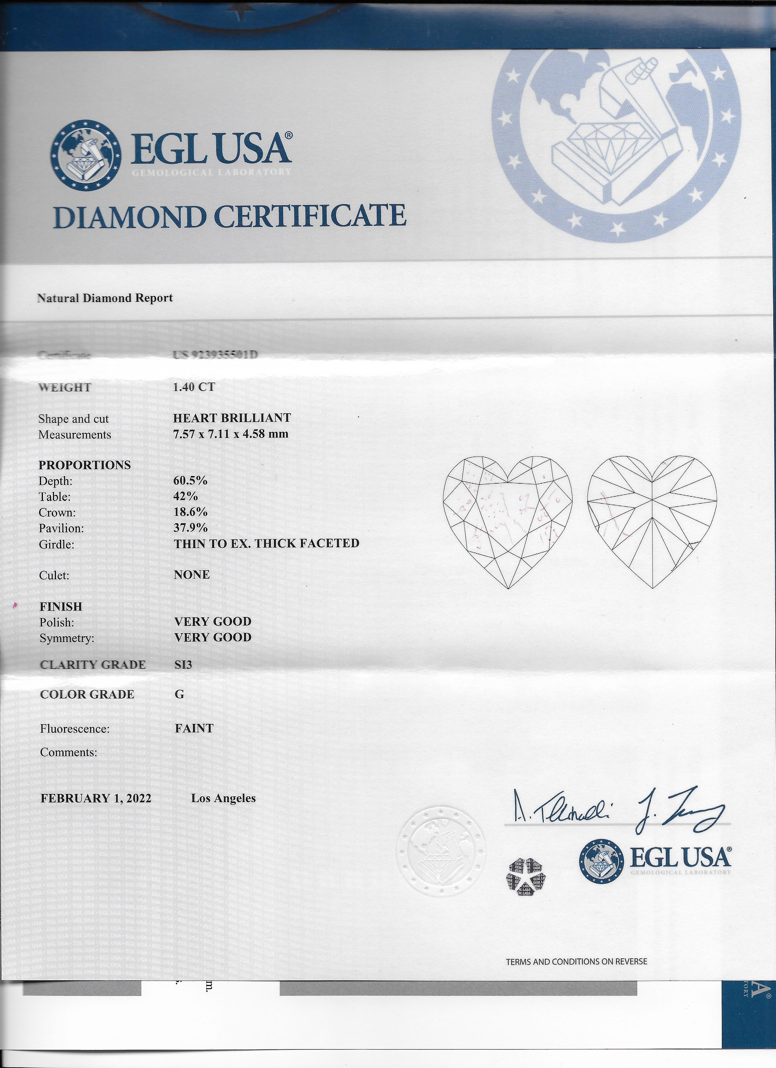 Certified EGL 1.40 Carat Heart Shape Diamond G SI3 in Halo For Sale 5