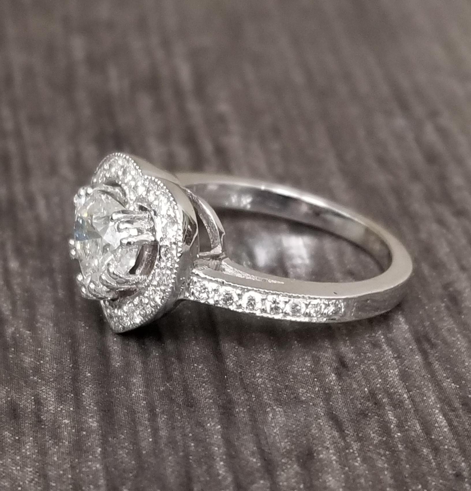14k Certified EGL 1.40 Carat Heart Shape Diamond G SI3 in Halo white gold ladies diamond ring containing 1 heart shape diamond; color 