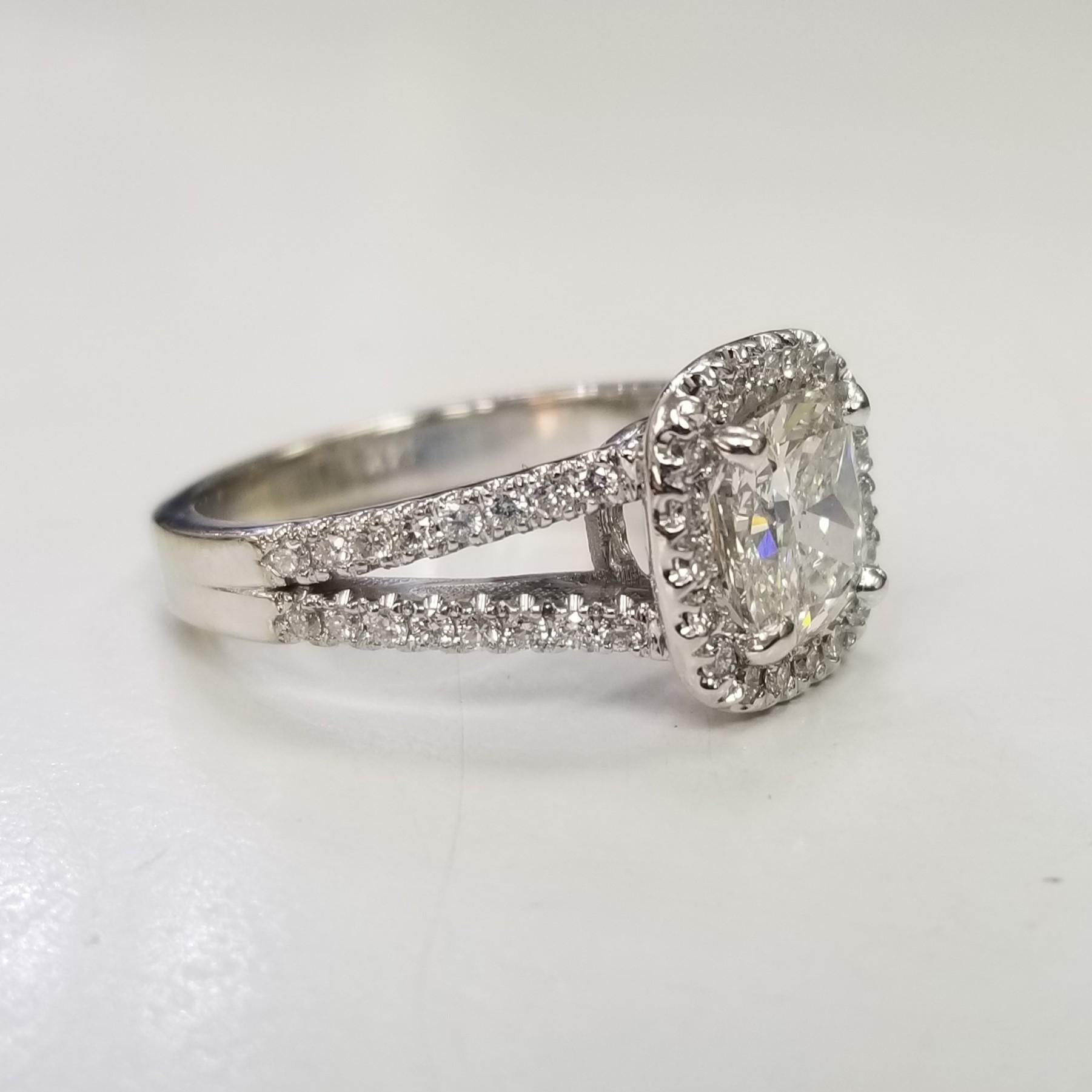 Certified EGL 1.72 Carat Cushion Cut Diamond G SI2 in Halo with Spilt Shank white gold ladies diamond ring containing 1 Cushion Cut diamond; color 
