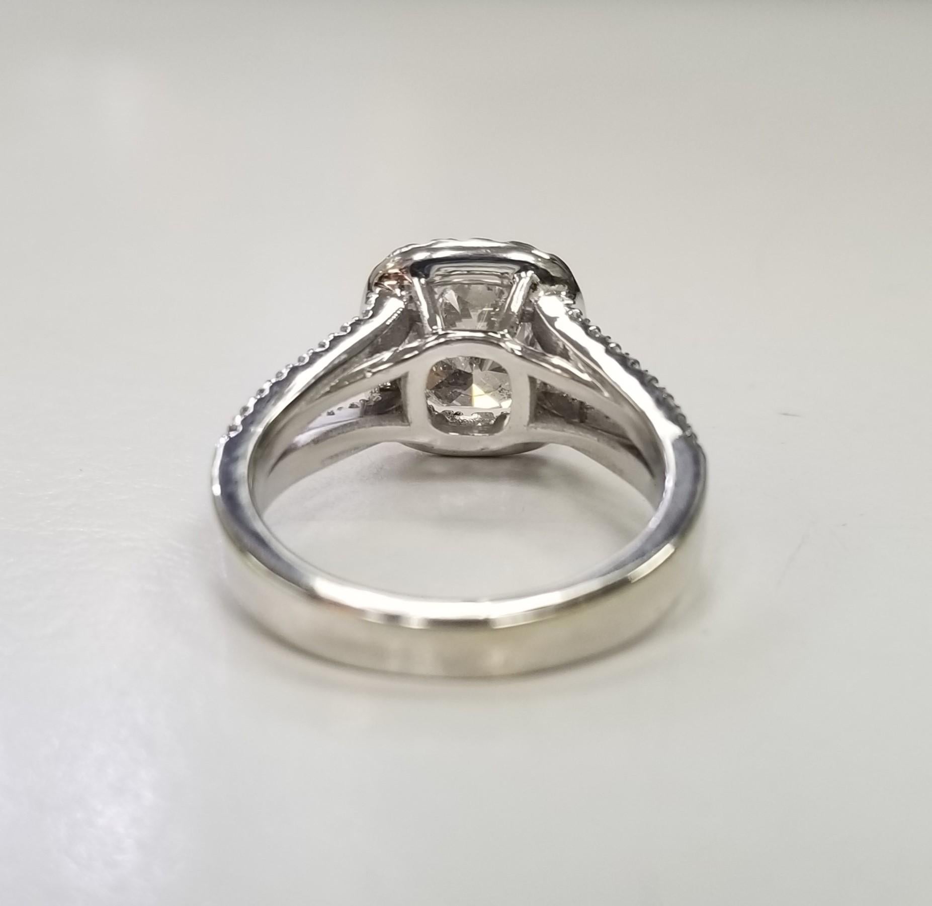 Modern Certified EGL 1.72 Carat Cushion Cut Diamond G SI2 in Halo with 14K Spilt Shank For Sale