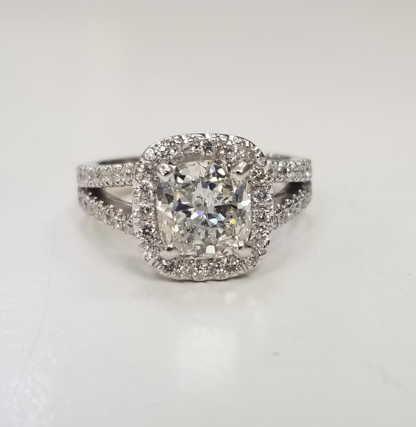 Women's or Men's Certified EGL 1.72 Carat Cushion Cut Diamond G SI2 in Halo with 14K Spilt Shank For Sale
