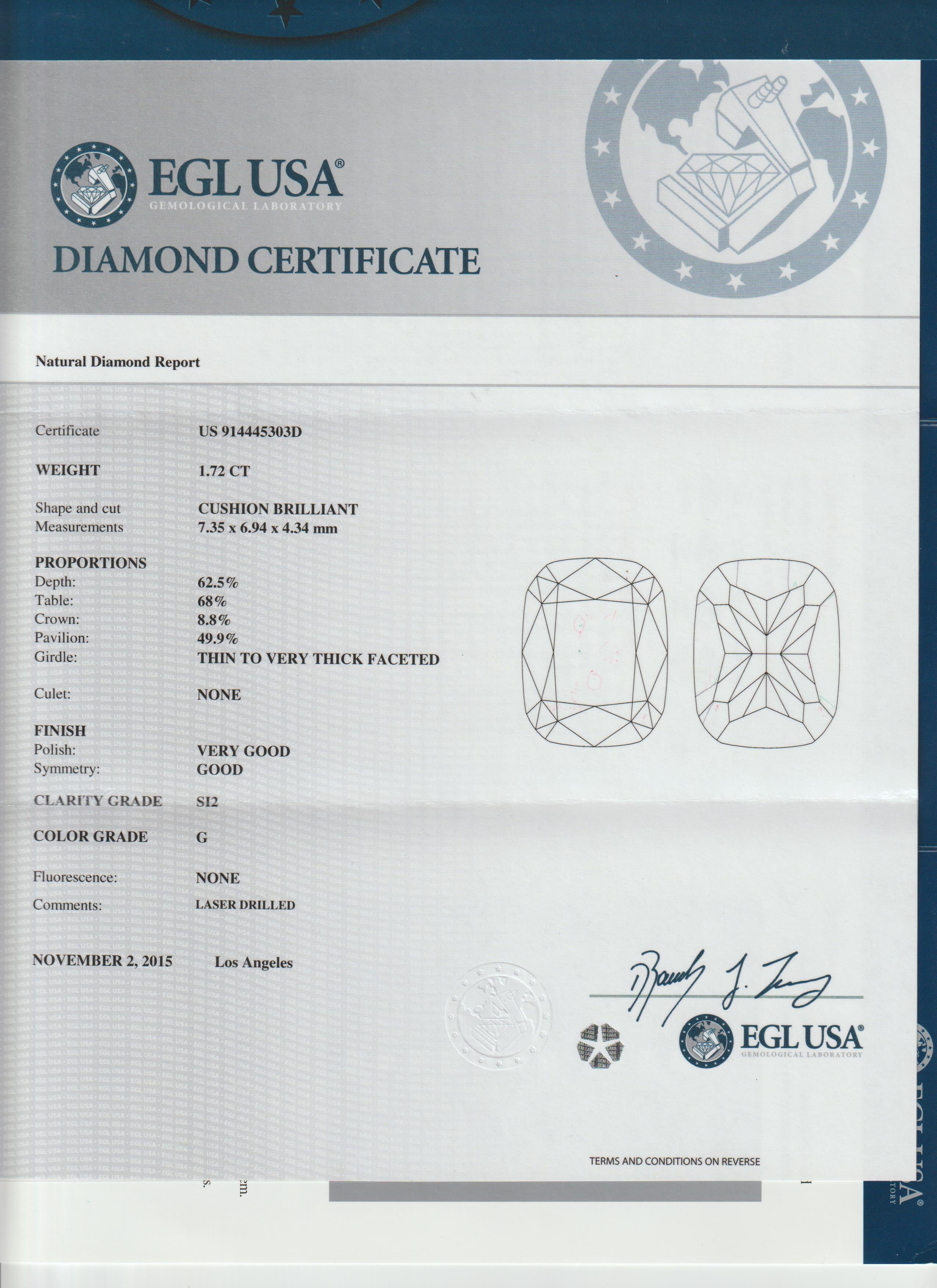 Certified EGL 1.72 Carat Cushion Cut Diamond G SI2 in Halo with 14K Spilt Shank For Sale 1