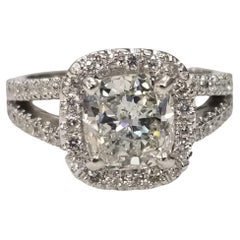 Certified EGL 1.72 Carat Cushion Cut Diamond G SI2 in Halo with 14K Spilt Shank