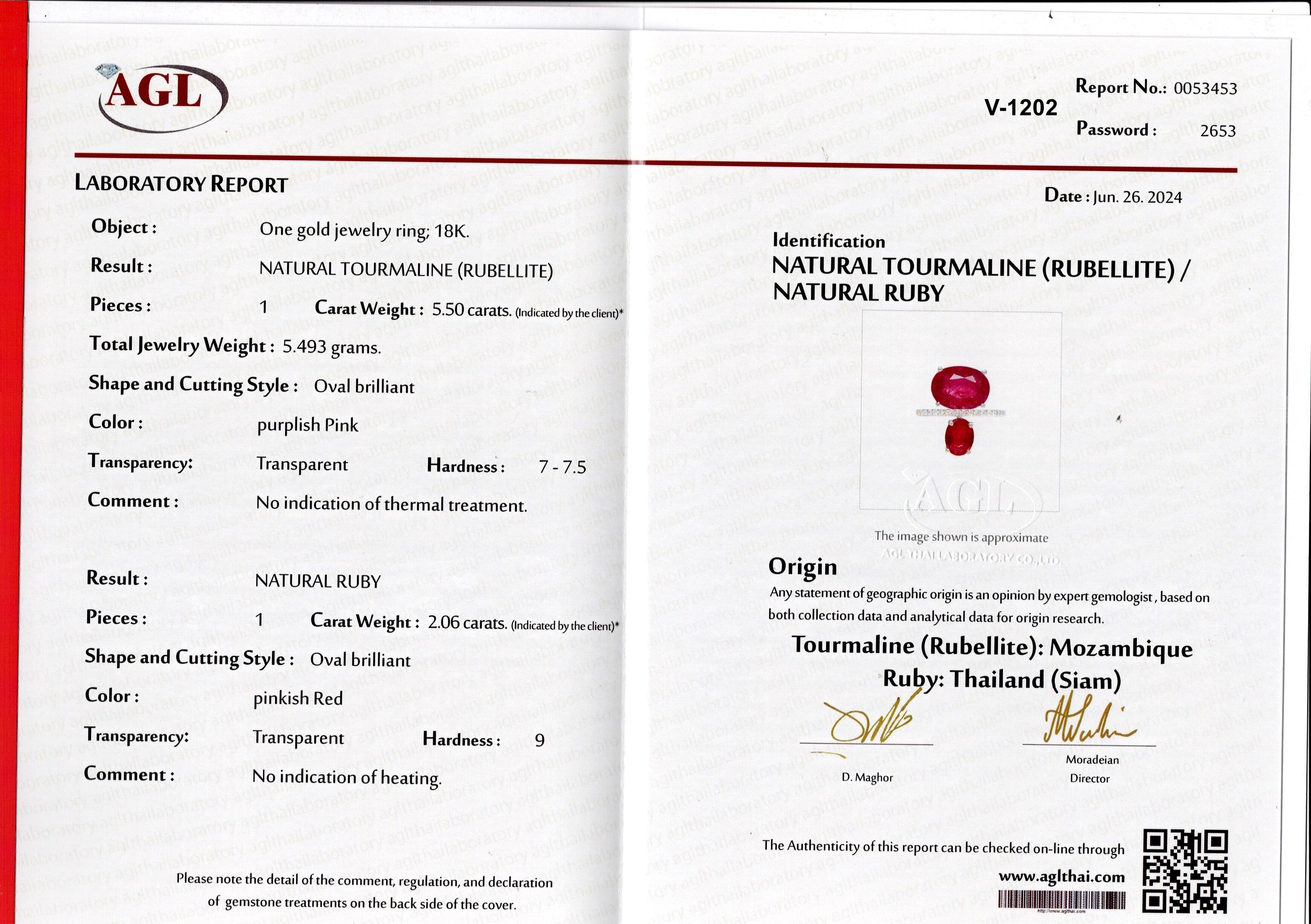 Anello certificato Eleg in oro bianco 18 carati con rubino, rubelite e diamante a doppia pietra in vendita 7