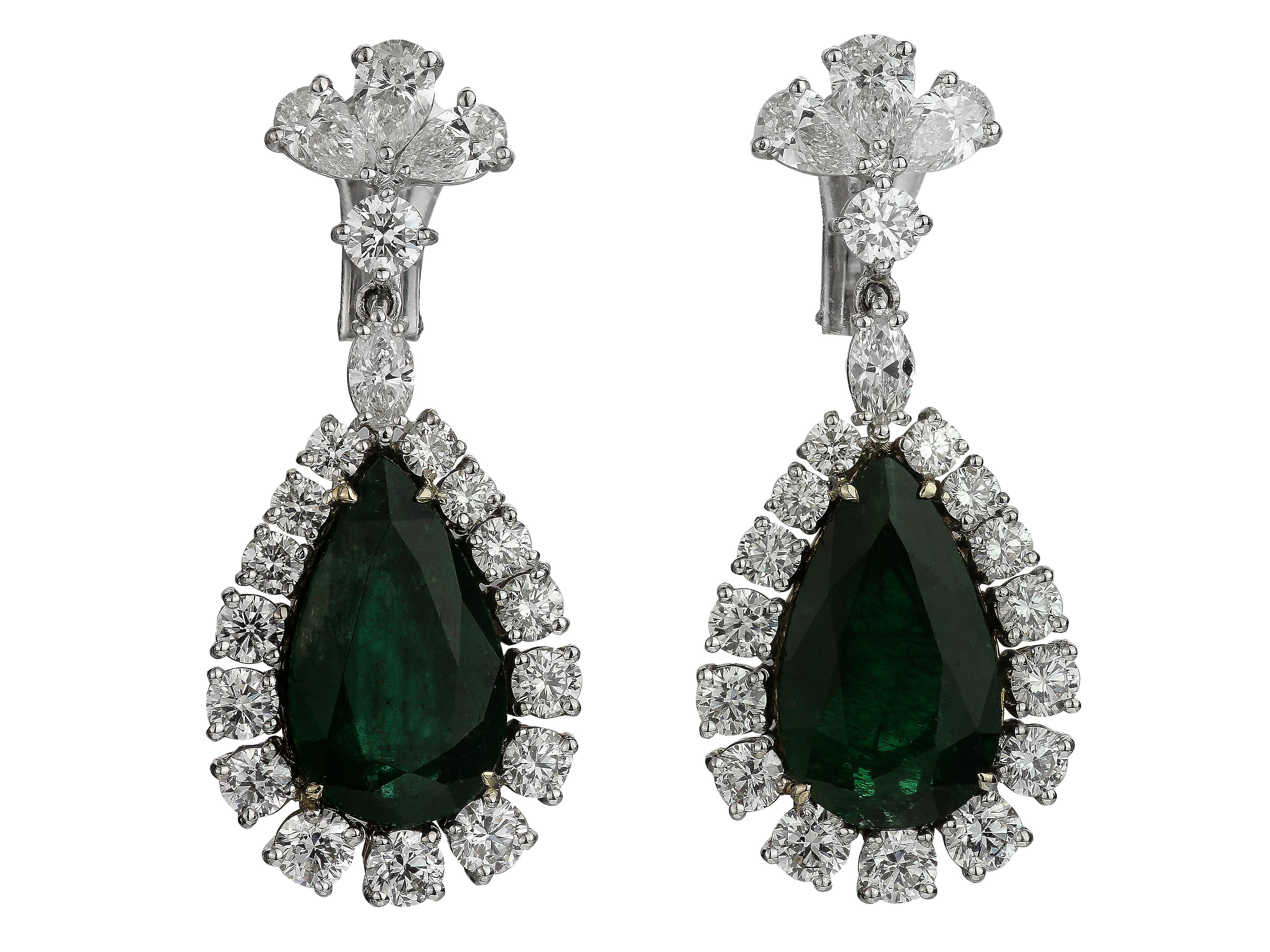 Boucles d'oreilles en goutte en émeraude certifiée 17,5 carats et diamants, style Elizabeth Taylor