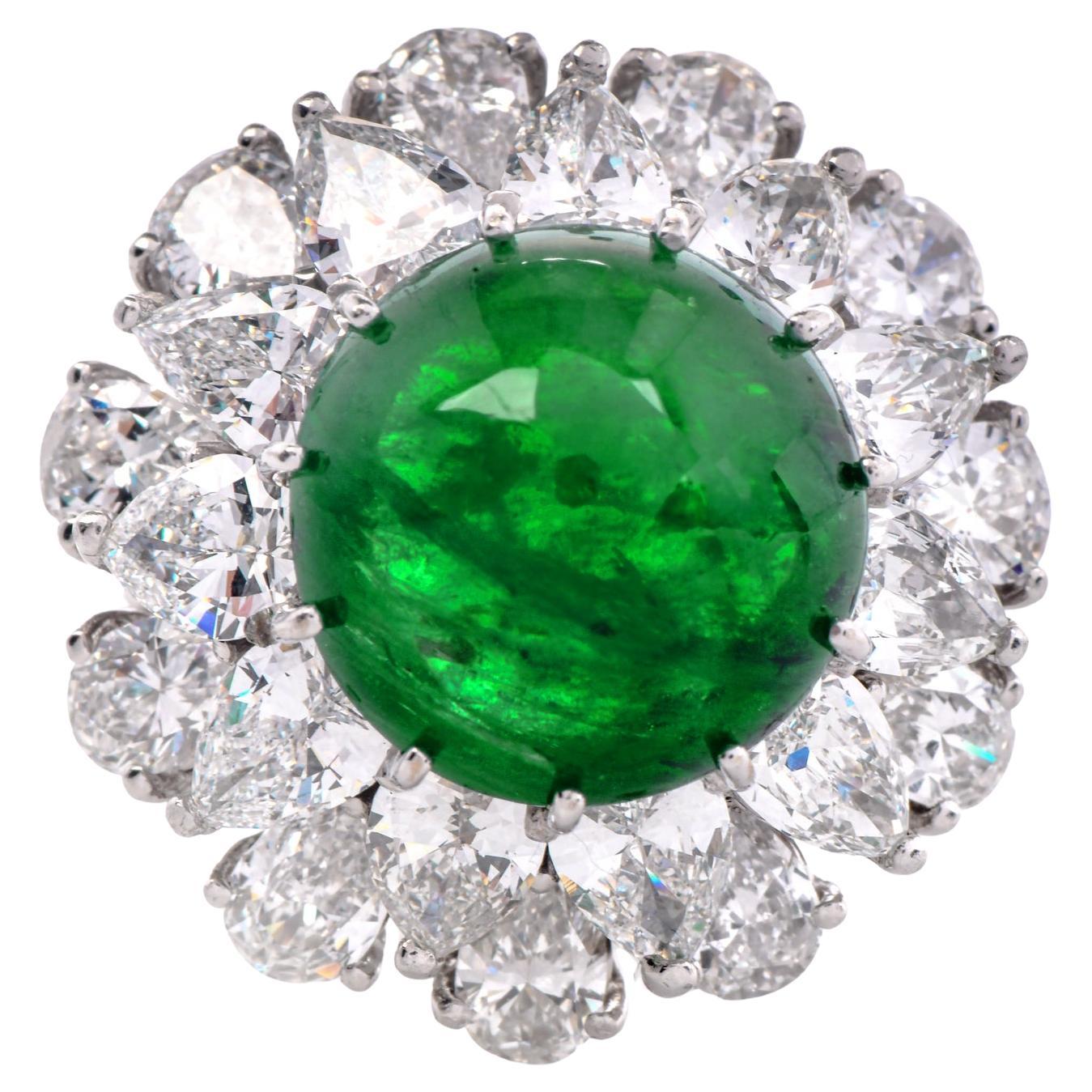 Esmeralda Certificada 21,80cts Diamante Platino Sugarloaf Anillo Cóctel Floral