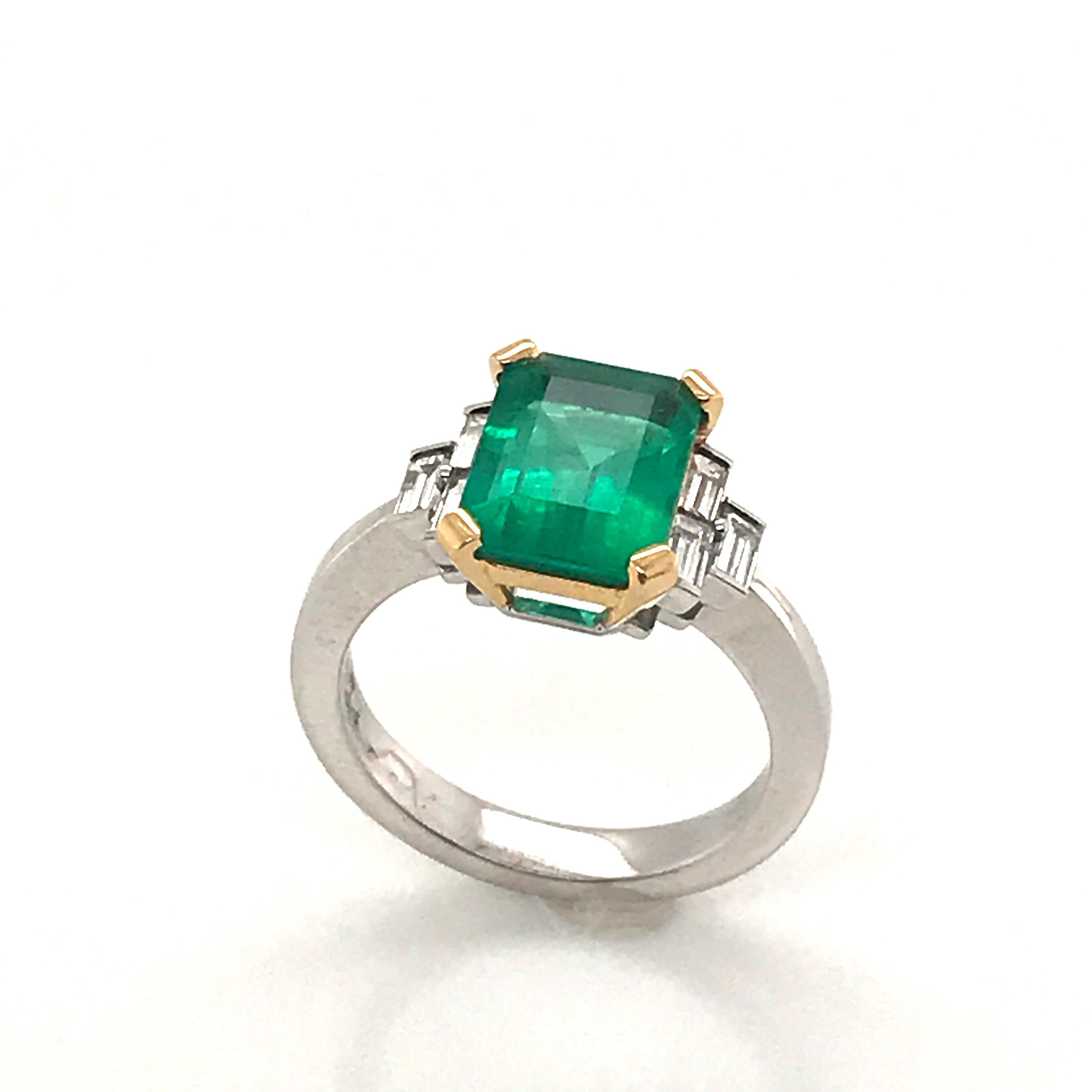 Art Deco Certified Emerald 2.68 Karat White Diamonds on with Gold Engagement Ring