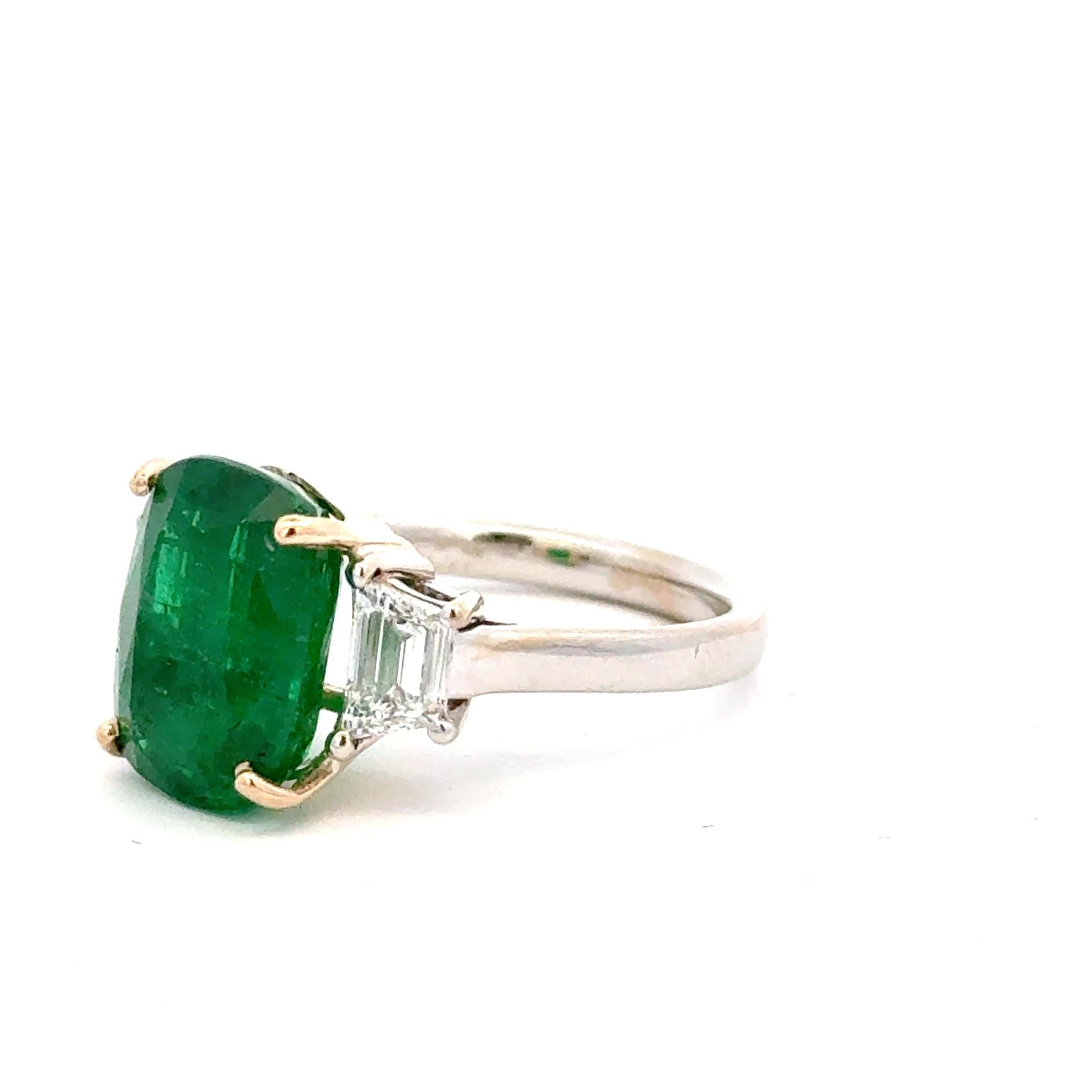 Cushion Cut Certified Emerald and Diamond Ring For Sale