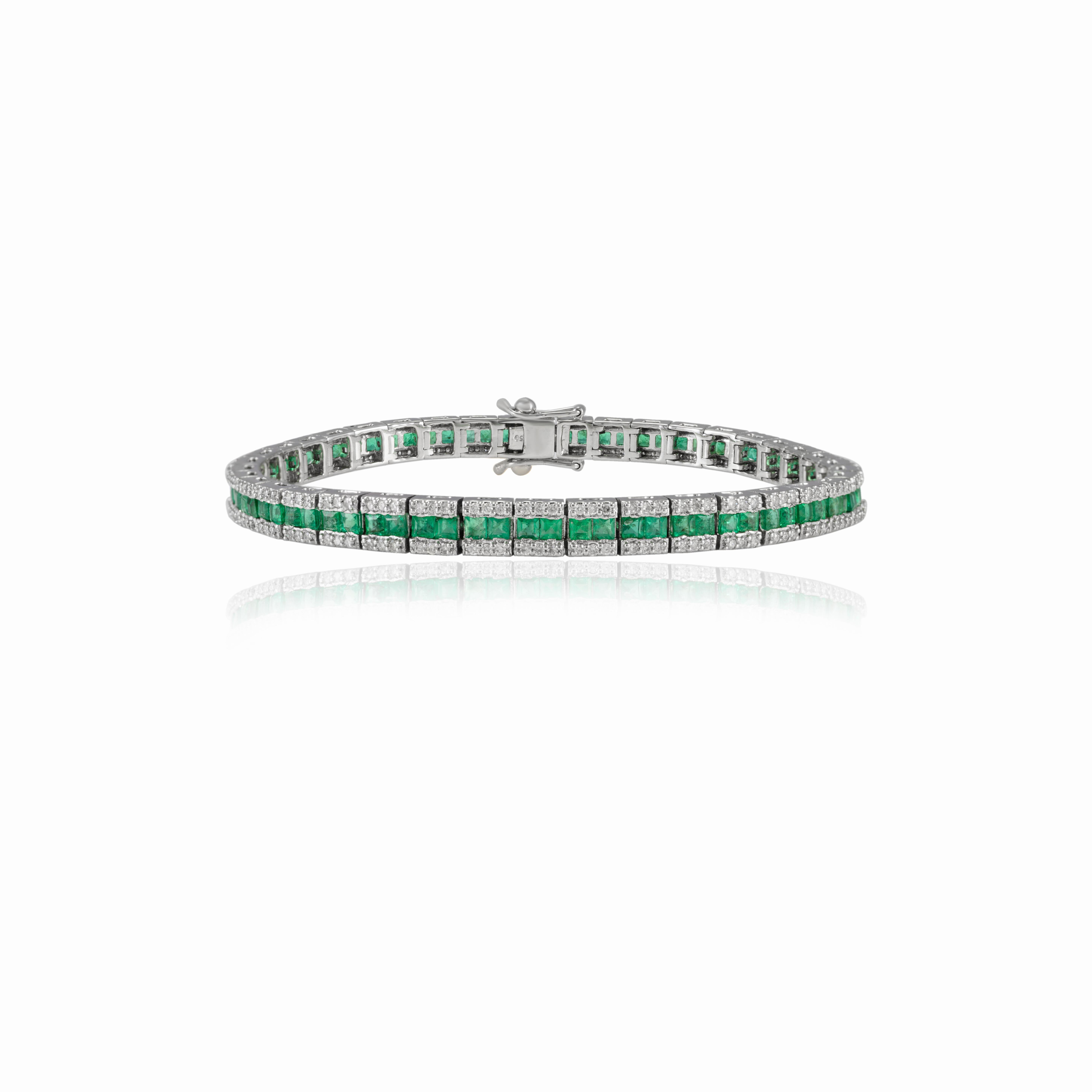 This Certified Emerald Diamond Wedding Tennis Bracelet in 18K gold showcases endlessly sparkling natural emerald, weighing 3.56 carat and diamonds weighing 1.17 carat. It measures 7 inches long in length. 
Emerald enhances intellectual capacity of
