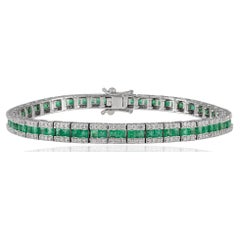 French Cut Certified Emerald Diamond Tennis Bracelet in 18k Solid White Gold