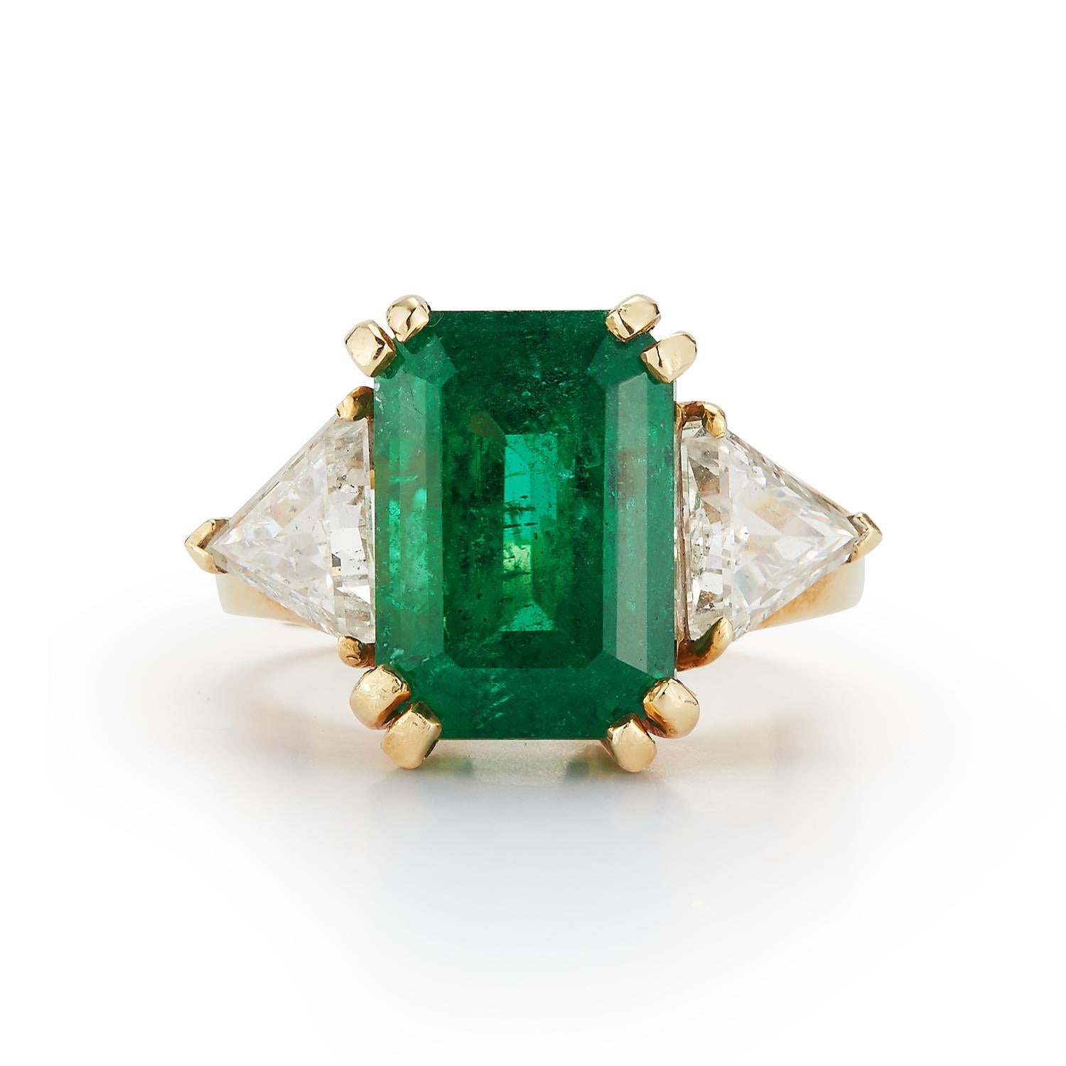 Emerald Cut Certified Emerald and Diamond Three-Stone Ring For Sale