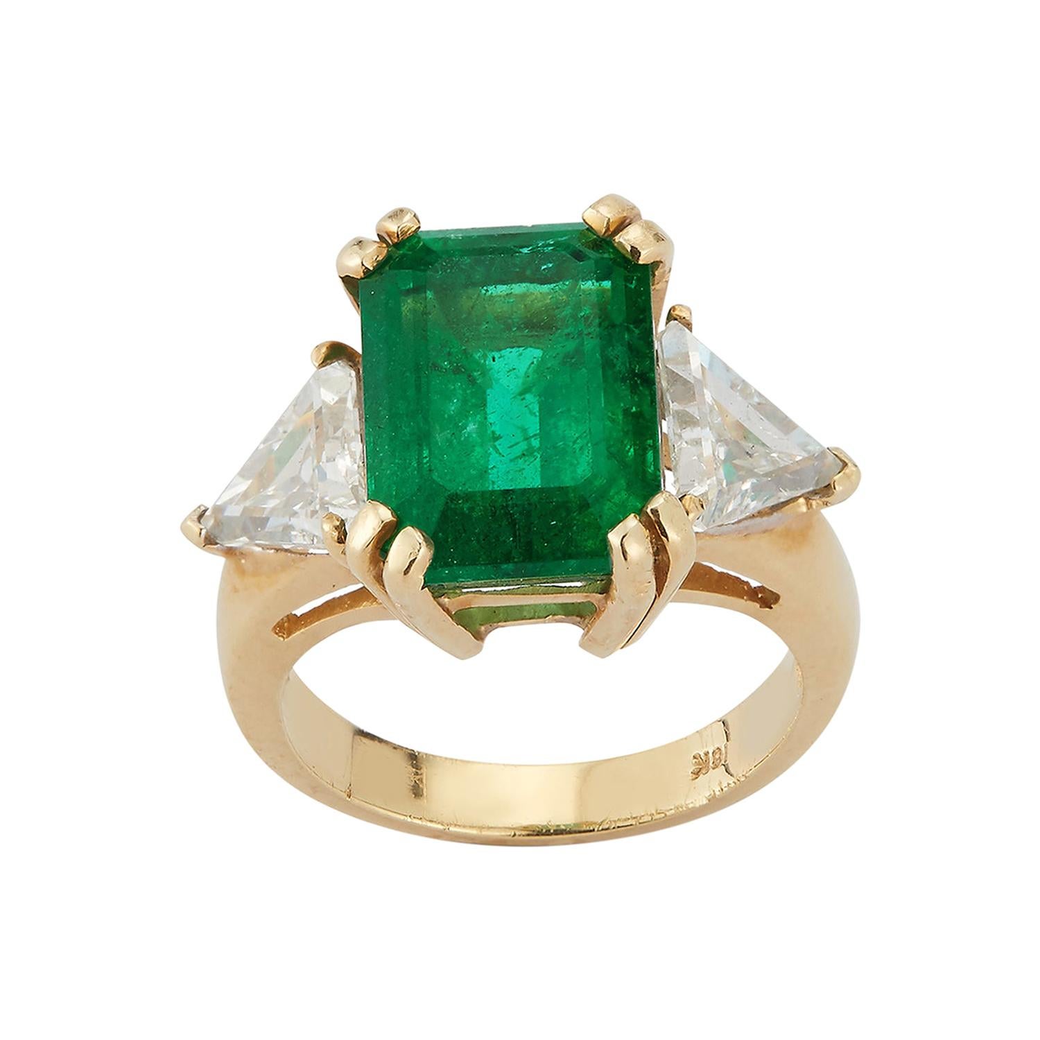 Certified Emerald and Diamond Three-Stone Ring For Sale
