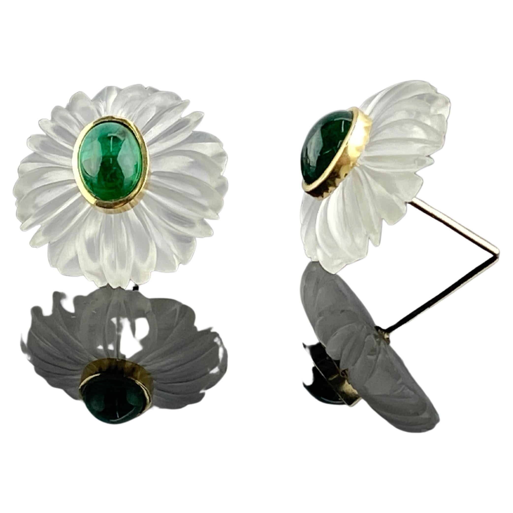 Certified Emerald and Rock Crystal Earrings Set in 18K Yellow Gold For Sale