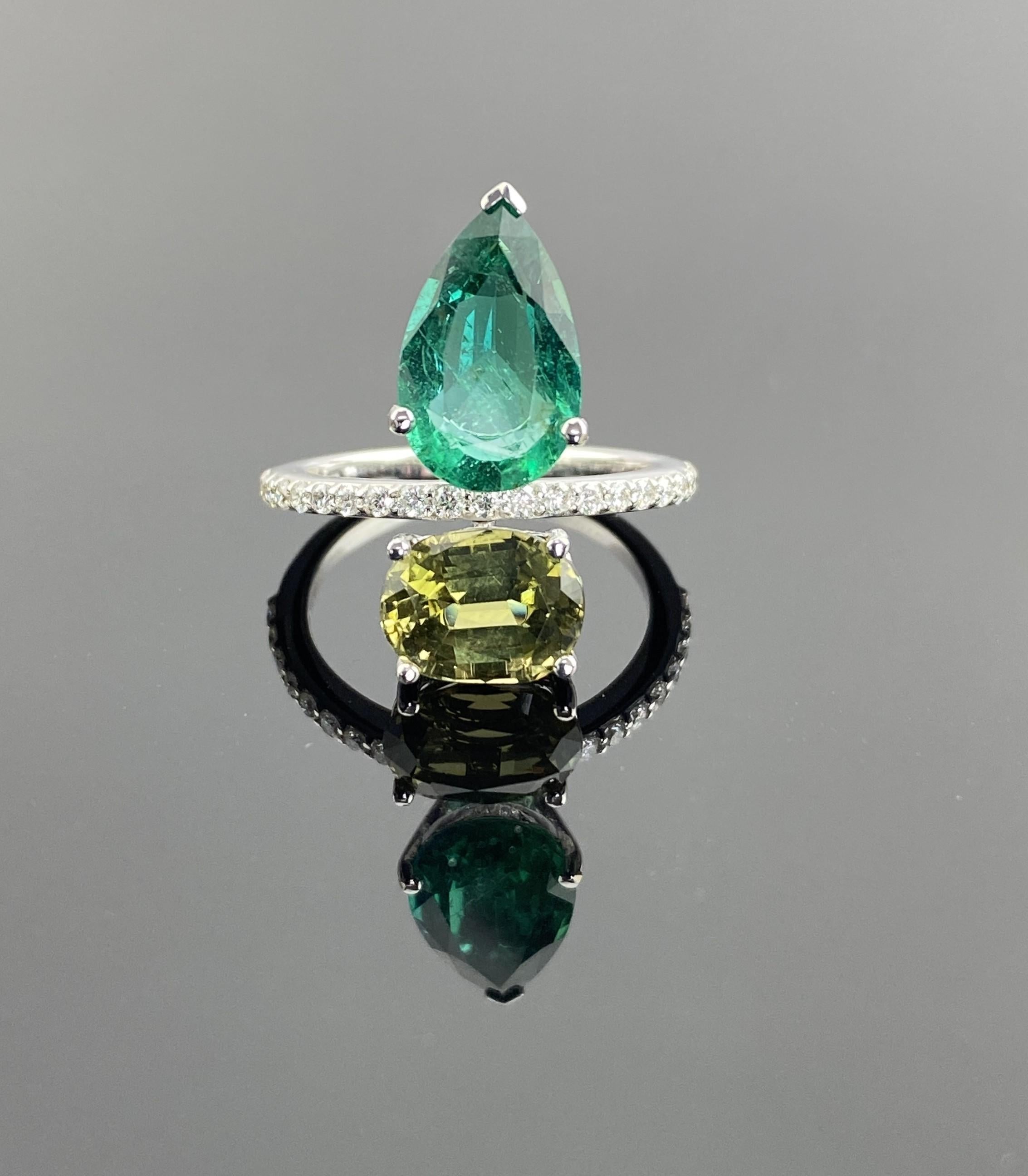 Modern Certified Emerald and Tourmaline Cocktail Ring in 18K White Gold