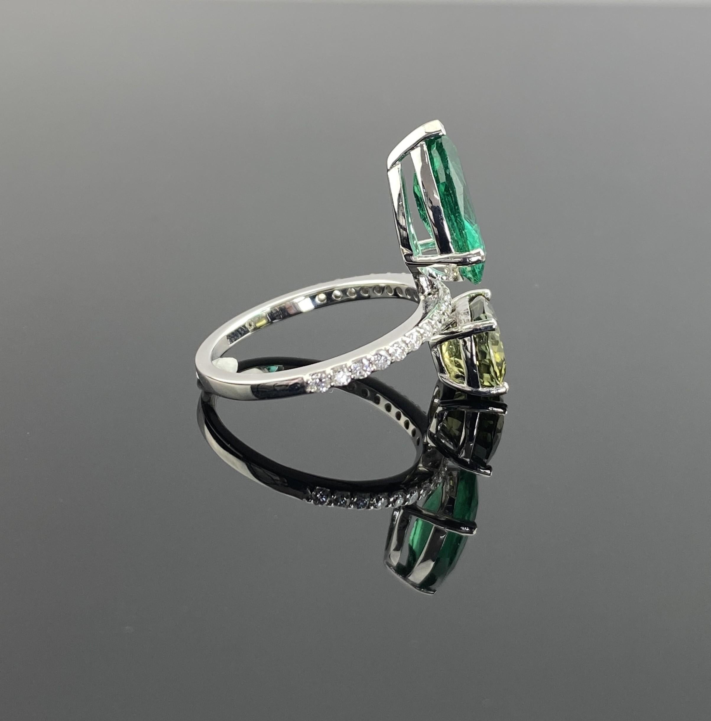Pear Cut Certified Emerald and Tourmaline Cocktail Ring in 18K White Gold
