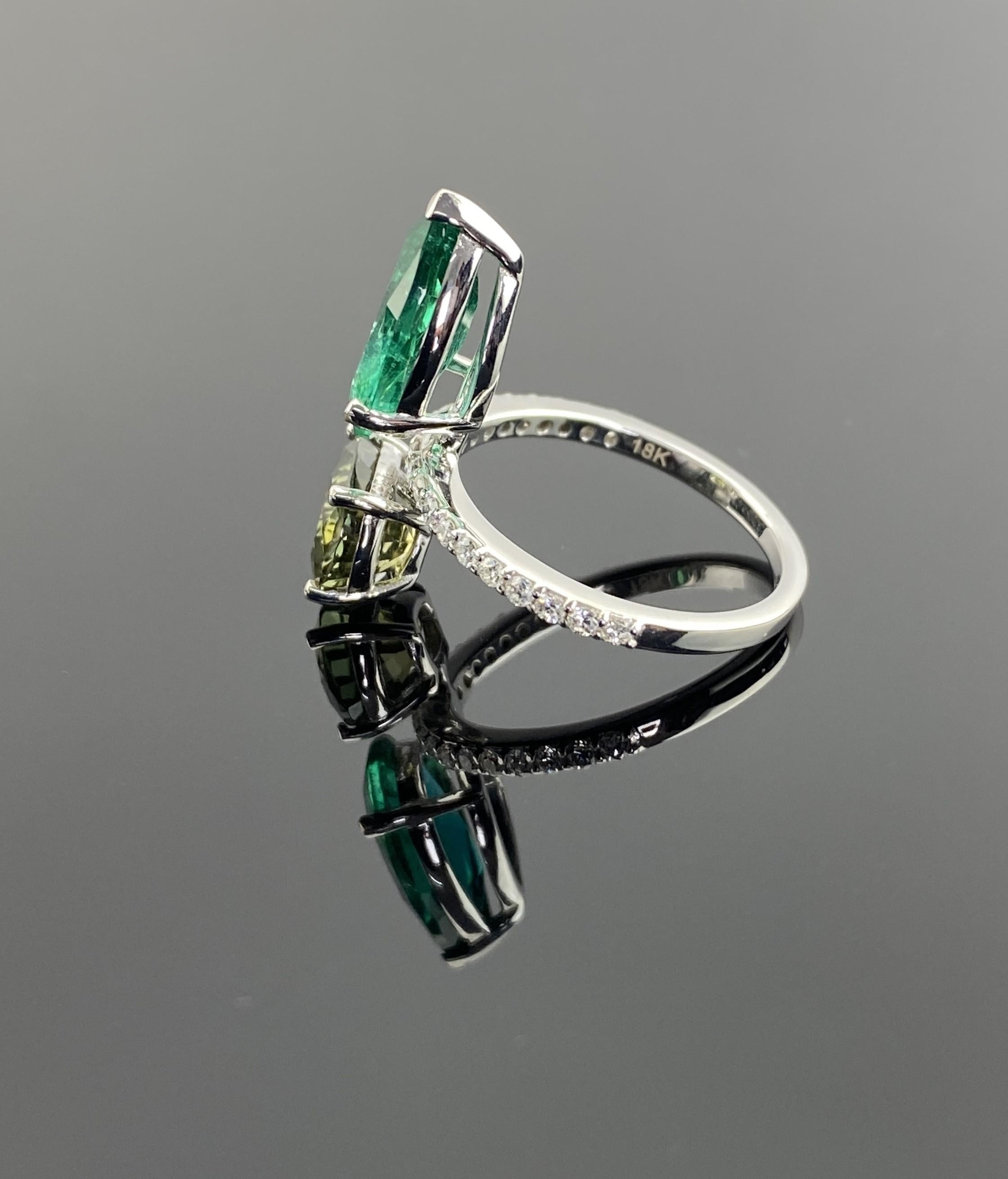 Women's Certified Emerald and Tourmaline Cocktail Ring in 18K White Gold