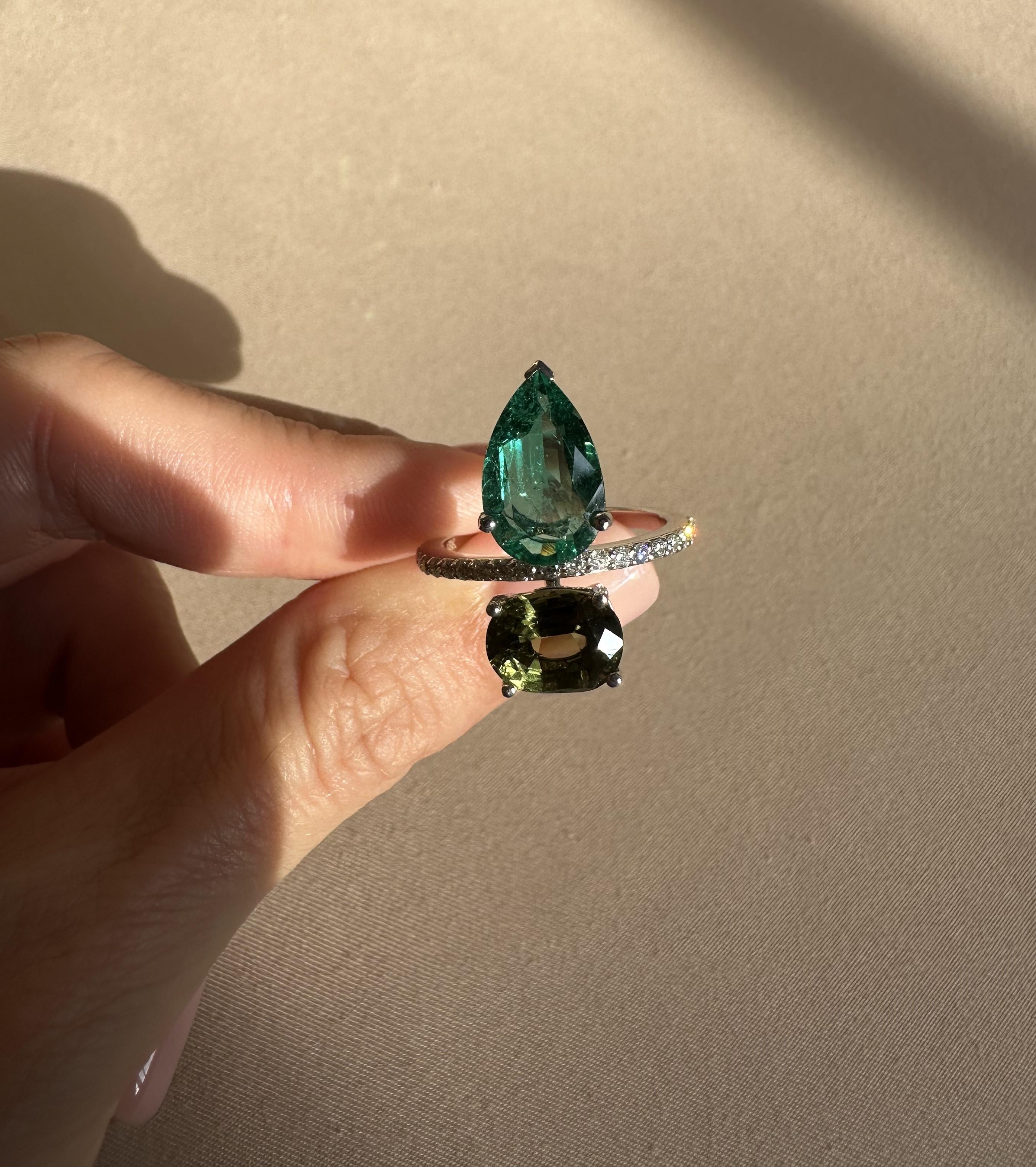 Certified Emerald and Tourmaline Cocktail Ring in 18K White Gold 1