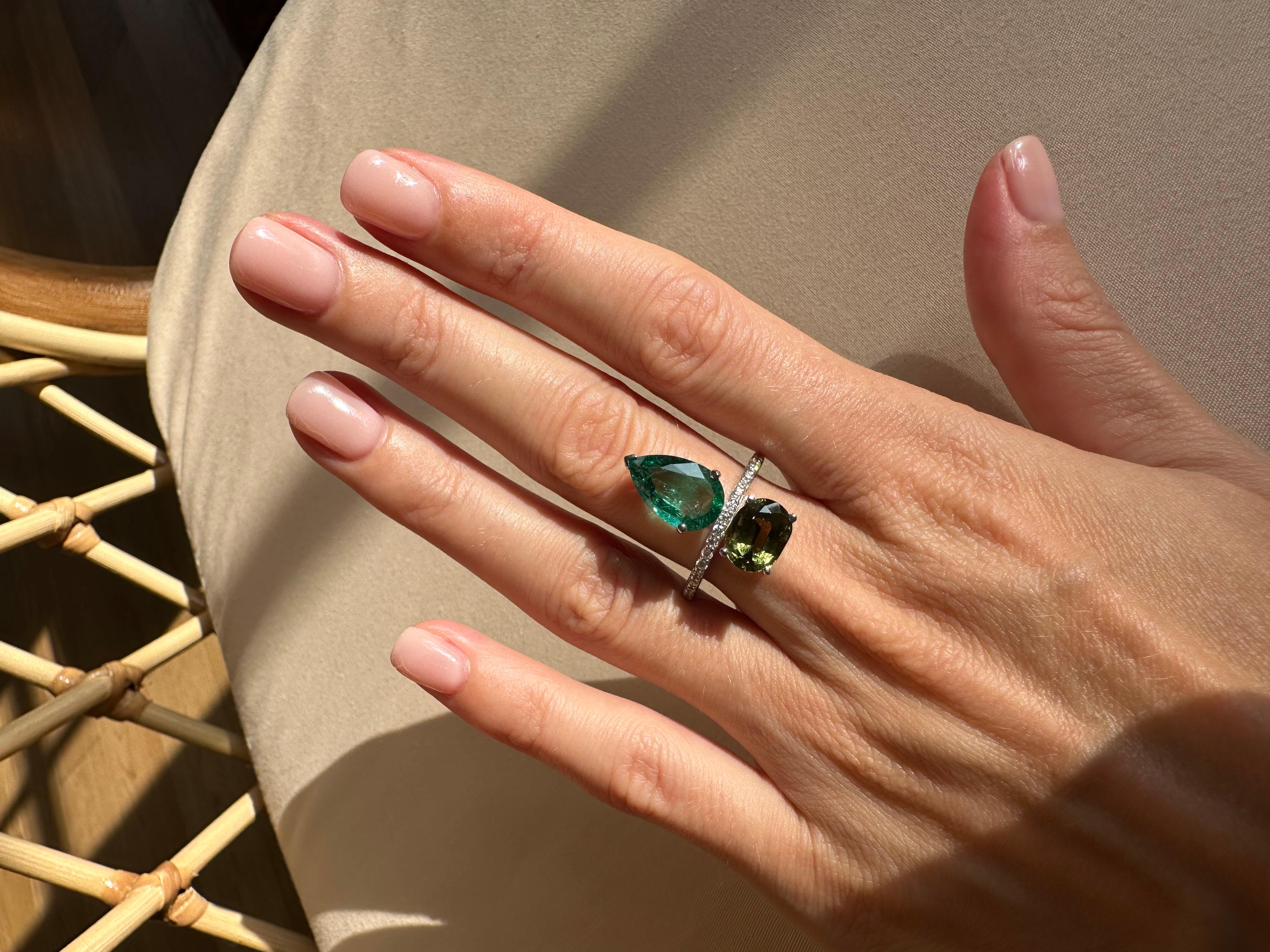 Certified Emerald and Tourmaline Cocktail Ring in 18K White Gold 2