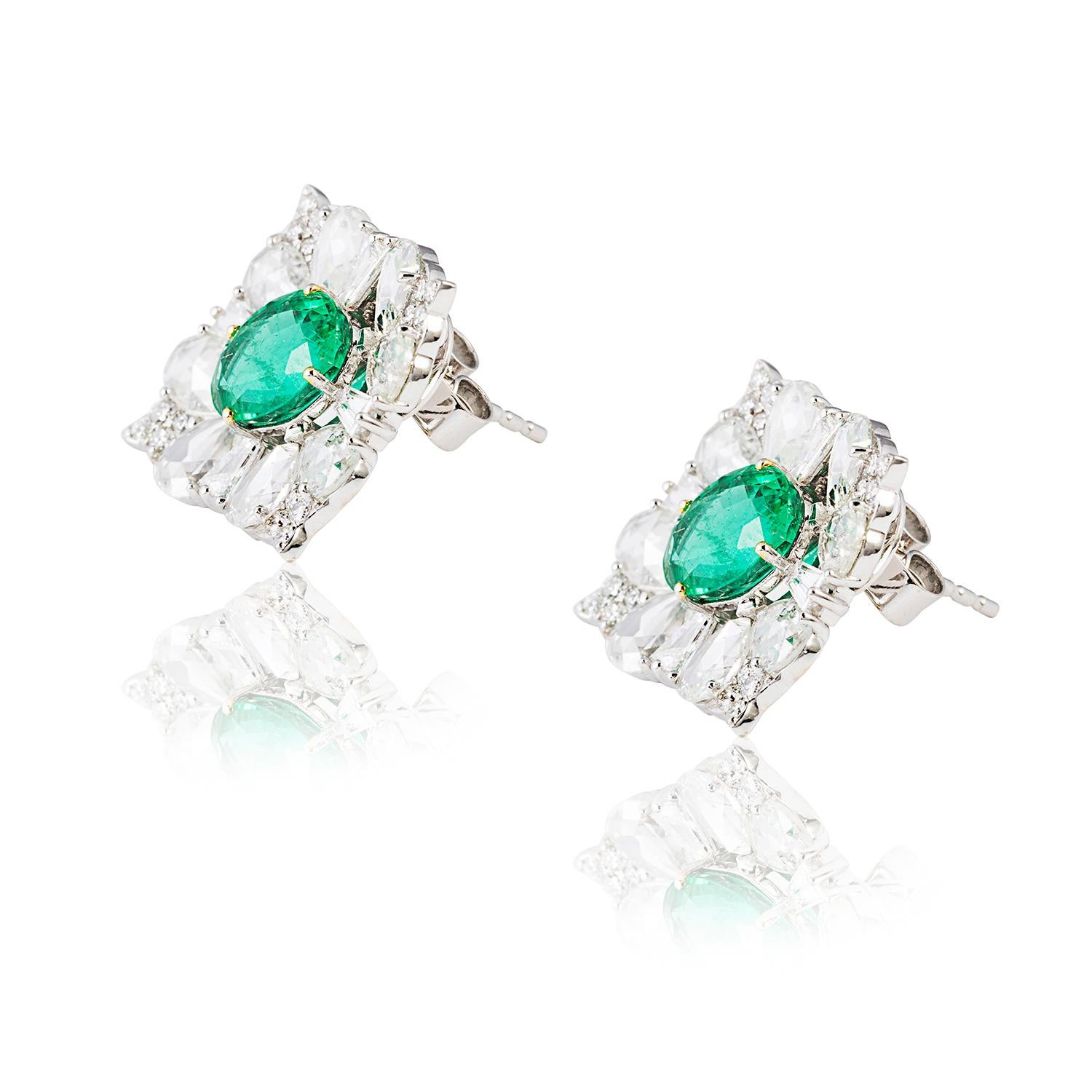 Art Deco Certified Emerald, Brilliant Cut & Rose Cut Diamond Earrings For Sale