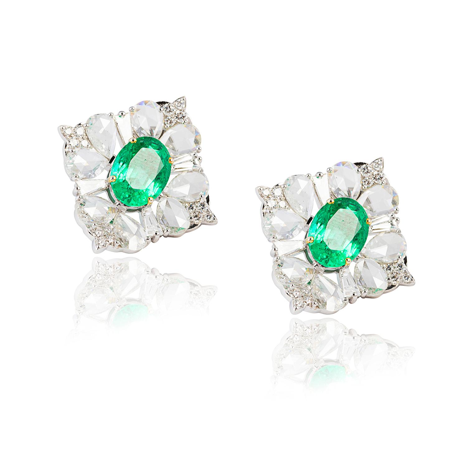 Certified Emerald, Brilliant Cut & Rose Cut Diamond Earrings In New Condition For Sale In London, W1U 2JG