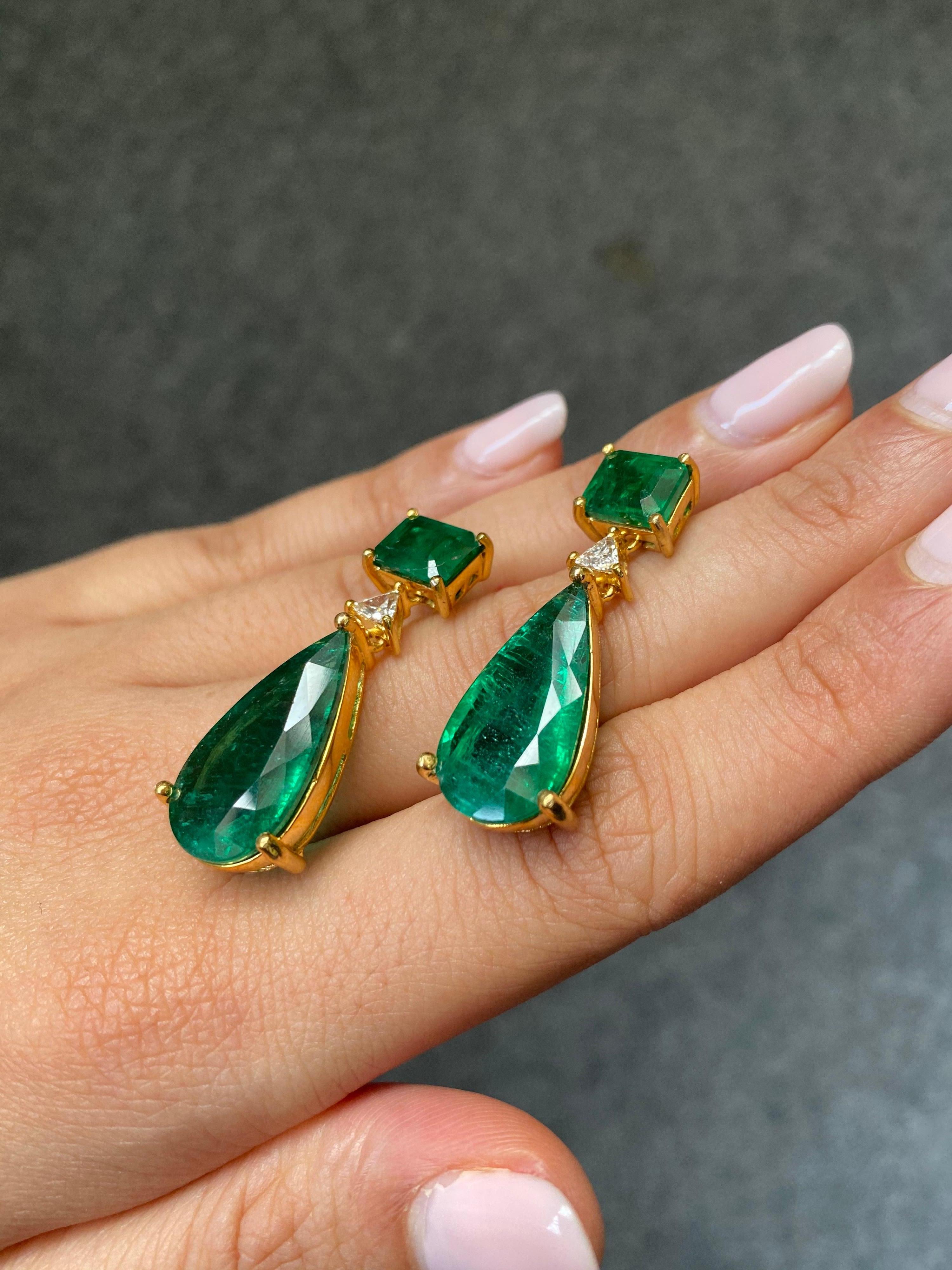 Modern Certified Emerald Cut and Pear Shape Emerald Dangle Earring