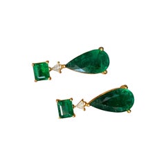 Certified Emerald Cut and Pear Shape Emerald Dangle Earring