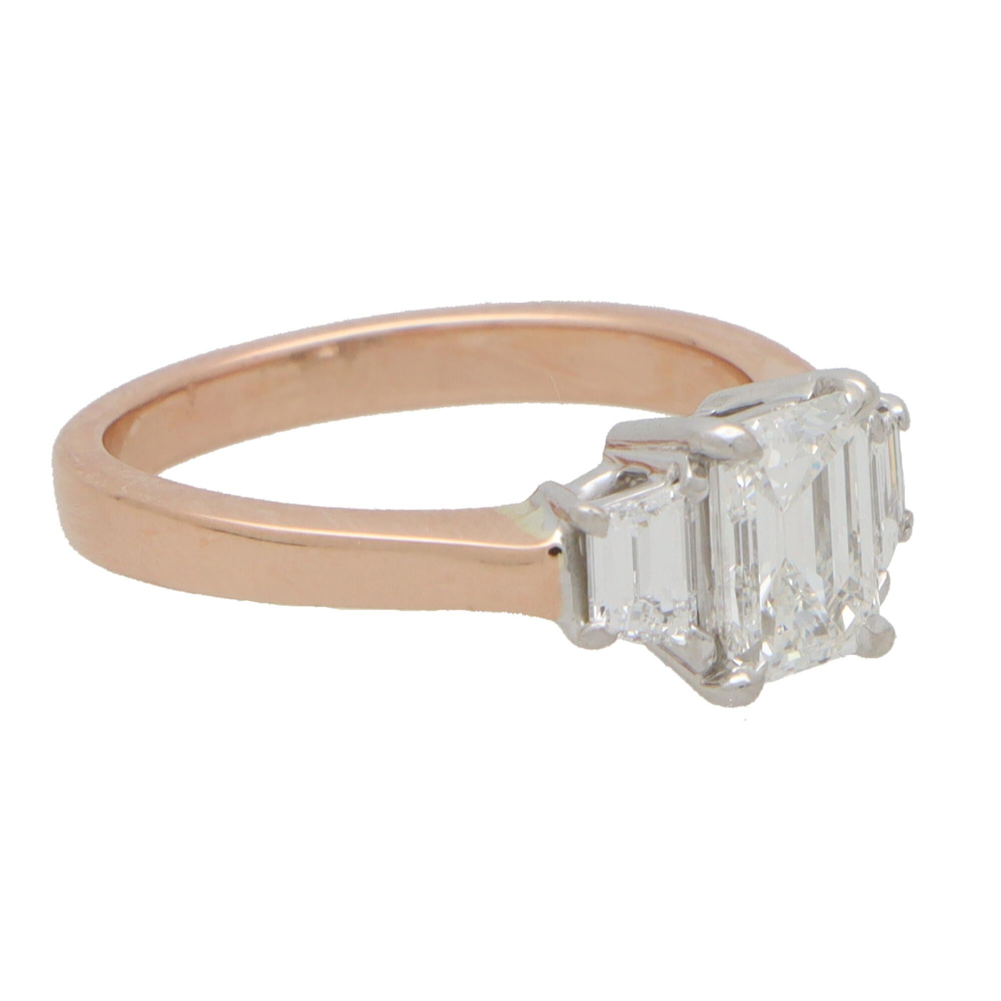 Art Deco Certified Emerald Cut and Trapezoid Diamond Three Stone in 14k Rose Gold