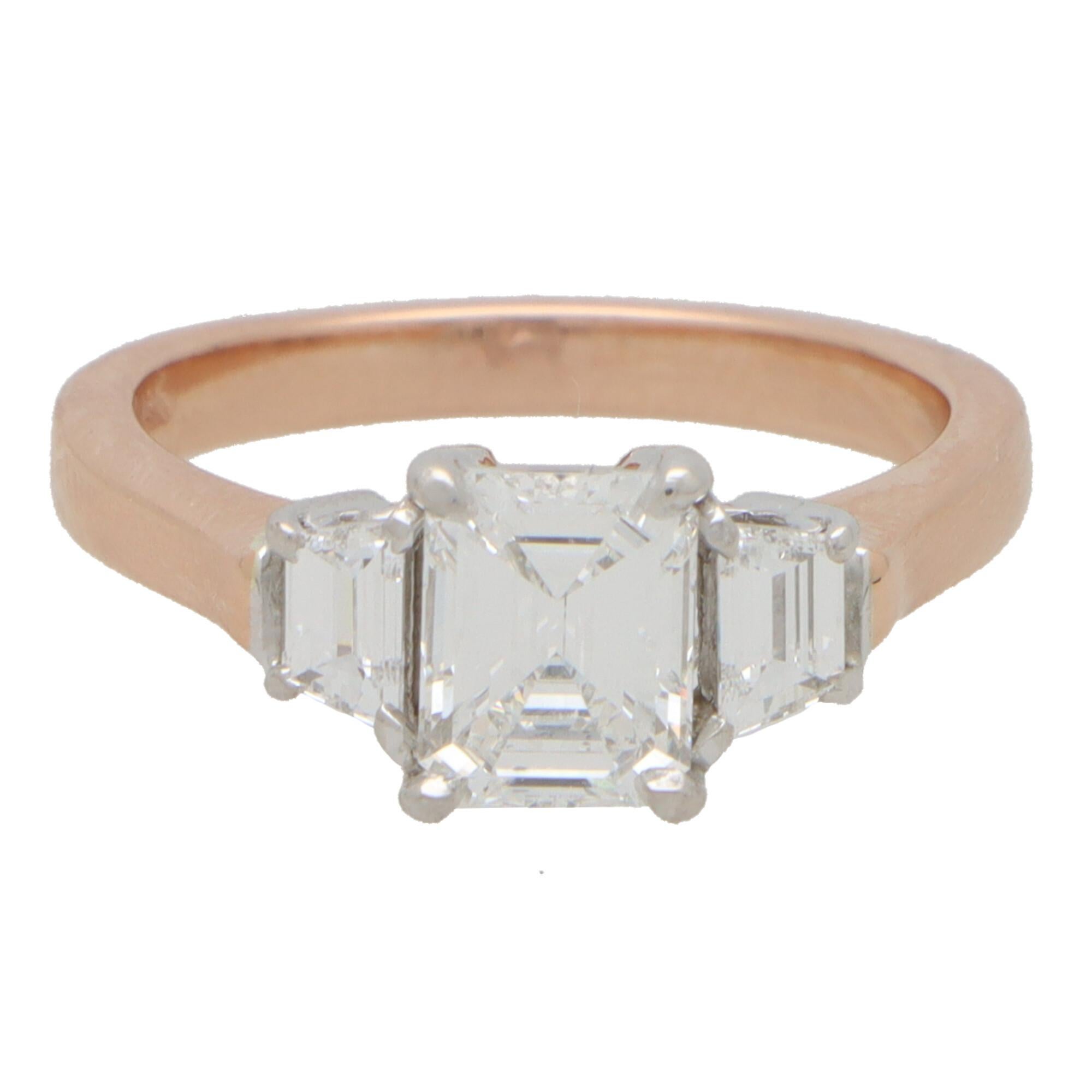Certified Emerald Cut and Trapezoid Diamond Three Stone in 14k Rose Gold In Excellent Condition In London, GB