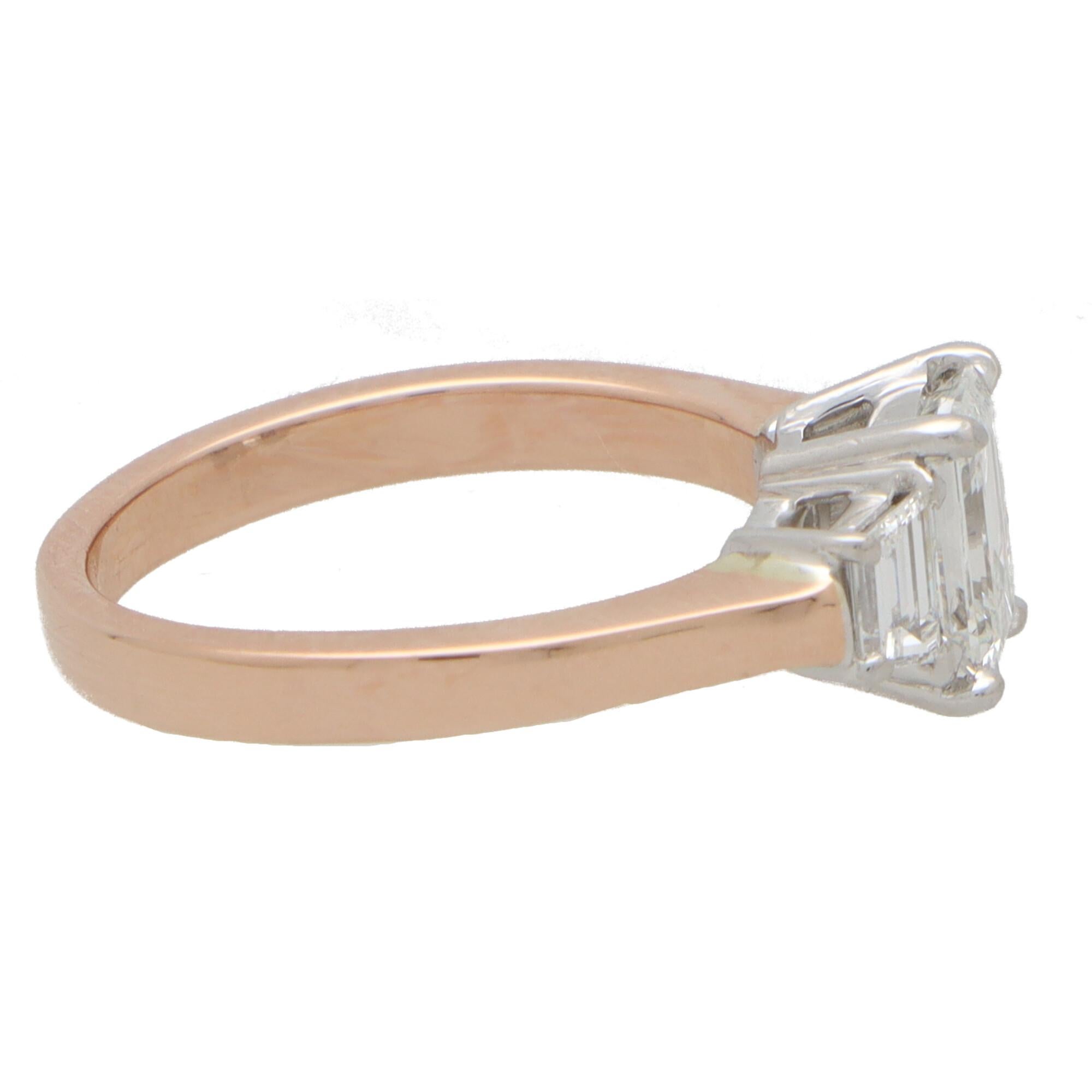 Women's or Men's Certified Emerald Cut and Trapezoid Diamond Three Stone in 14k Rose Gold