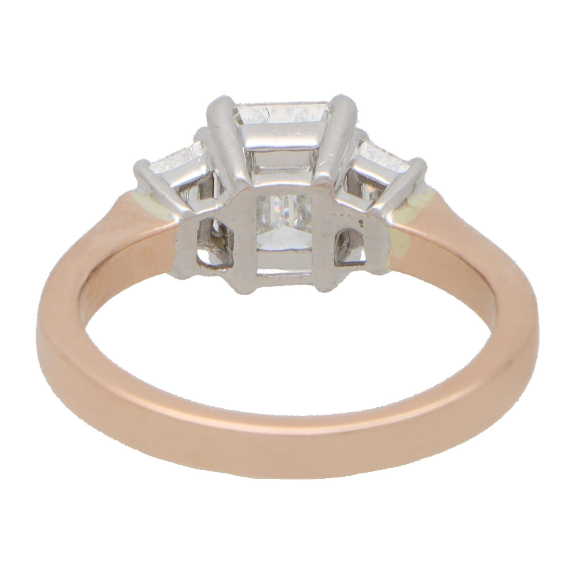 Certified Emerald Cut and Trapezoid Diamond Three Stone in 14k Rose Gold 1