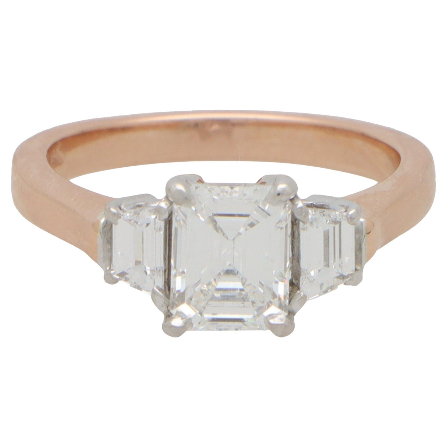 Certified Emerald Cut and Trapezoid Diamond Three Stone in 14k Rose Gold