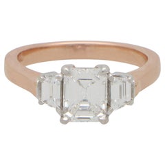 Certified Emerald Cut and Trapezoid Diamond Three Stone in 14k Rose Gold