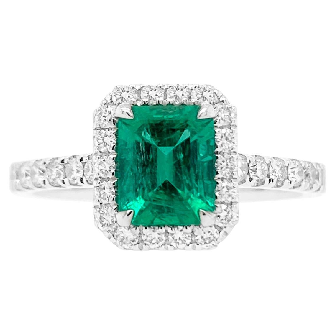 Certified Emerald cut Colombian Emerald and White Diamond Classic Platinum Ring