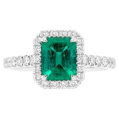 Certified Emerald cut Colombian Emerald and White Diamond Classic Platinum Ring